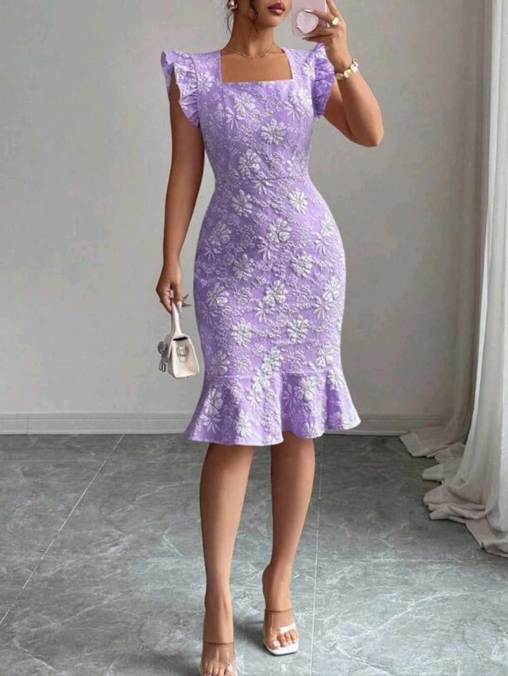 Elegant Lavender Floral Lace Sheath Dress with Ruffle Hem